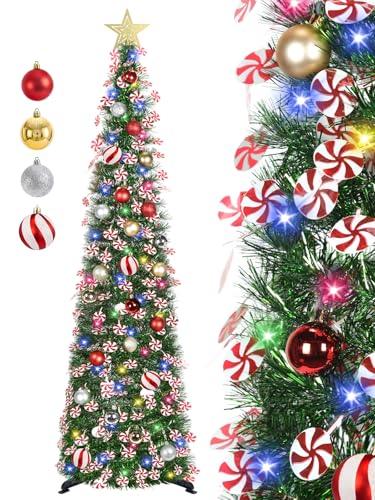 HMASYO 5 FT Pop Up Christmas Tree with Timer Lights and Decorations, Green Tinsel Christmas Tree with Candy and 24 Balls Ornament, Collapsible Pencil Tree Xmas Decoration for Home, Office, Party - Image 1