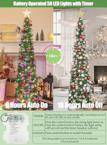 HMASYO 5 FT Pop Up Christmas Tree with Timer Lights and Decorations, Green Tinsel Christmas Tree with Candy and 24 Balls Ornament, Collapsible Pencil Tree Xmas Decoration for Home, Office, Party - Image 4