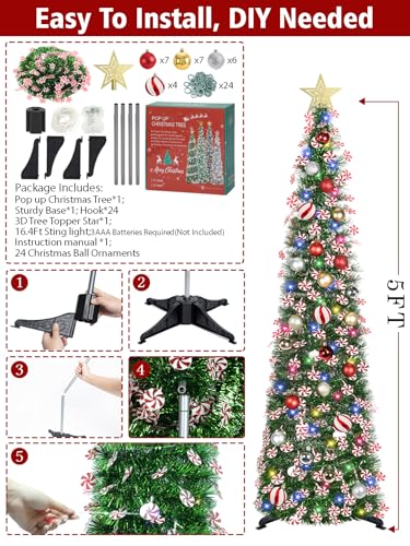 HMASYO 5 FT Pop Up Christmas Tree with Timer Lights and Decorations, Green Tinsel Christmas Tree with Candy and 24 Balls Ornament, Collapsible Pencil Tree Xmas Decoration for Home, Office, Party - Image 5