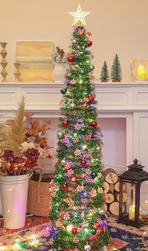 HMASYO 5 FT Pop Up Christmas Tree with Timer Lights and Decorations, Green Tinsel Christmas Tree with Candy and 24 Balls Ornament, Collapsible Pencil Tree Xmas Decoration for Home, Office, Party - Image 2