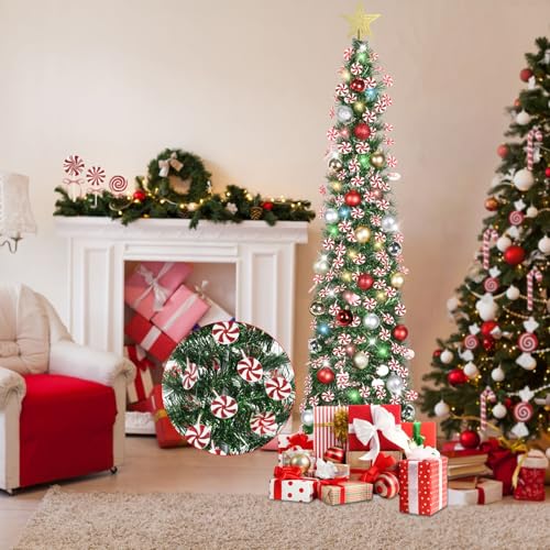 HMASYO 5 FT Pop Up Christmas Tree with Timer Lights and Decorations, Green Tinsel Christmas Tree with Candy and 24 Balls Ornament, Collapsible Pencil Tree Xmas Decoration for Home, Office, Party - Image 3