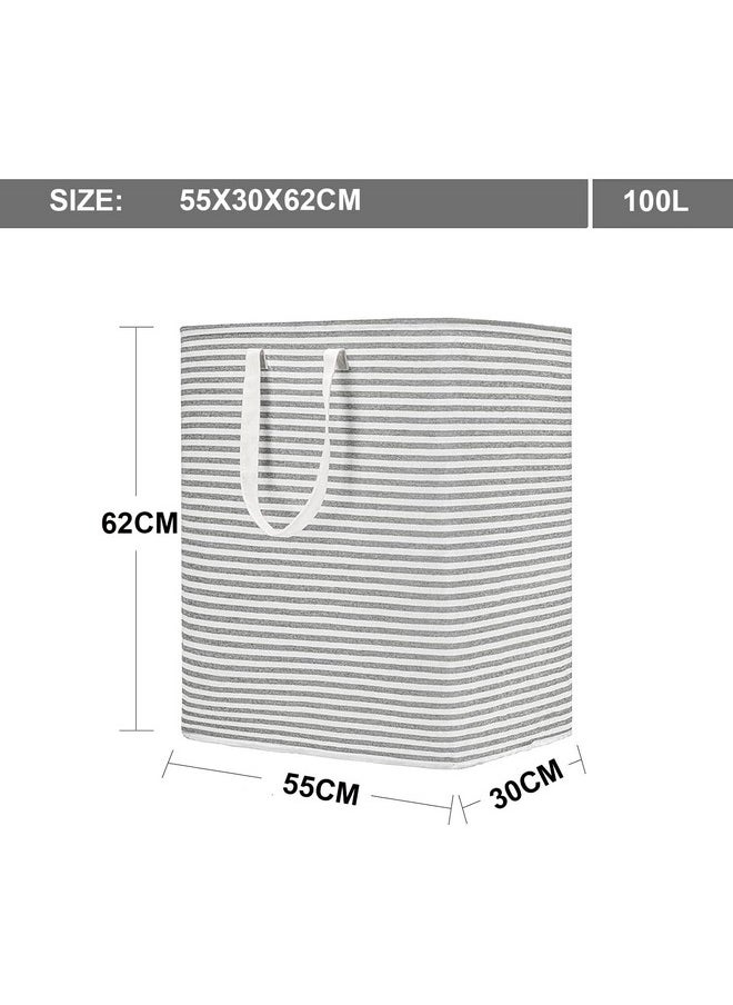 HOUSE OF QUIRK House of Quirk Laundry Hamper 100L Collapsible Large Laundry Baskets with Easy Carry Handles Freestanding Storage Basket for Toys Clothes Organizer (100 Litre, White Grey Stripe)  - Image 2