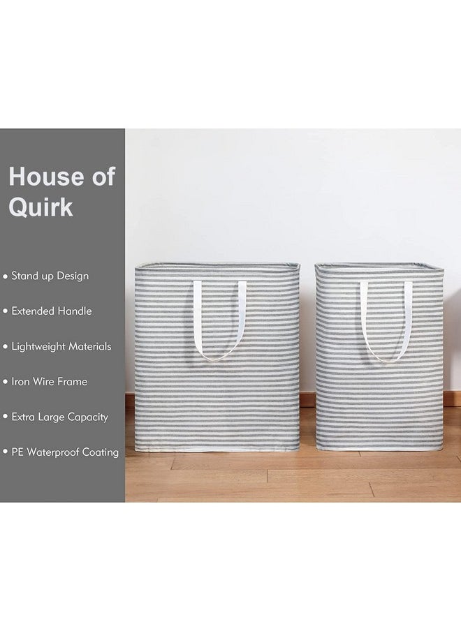 HOUSE OF QUIRK House of Quirk Laundry Hamper 100L Collapsible Large Laundry Baskets with Easy Carry Handles Freestanding Storage Basket for Toys Clothes Organizer (100 Litre, White Grey Stripe)  - Image 3