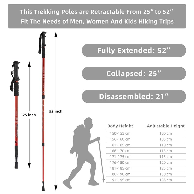CRAZYABBS Trekking Poles, Collapsible Lightweight Shock-Absorbent Hiking Walking Sticks Adjustable Aluminum Hiking Poles for Women Men Kids (Red) - Image 2