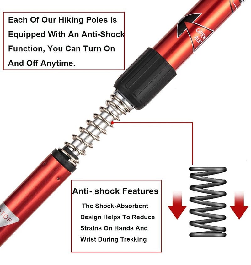 CRAZYABBS Trekking Poles, Collapsible Lightweight Shock-Absorbent Hiking Walking Sticks Adjustable Aluminum Hiking Poles for Women Men Kids (Red) - Image 4
