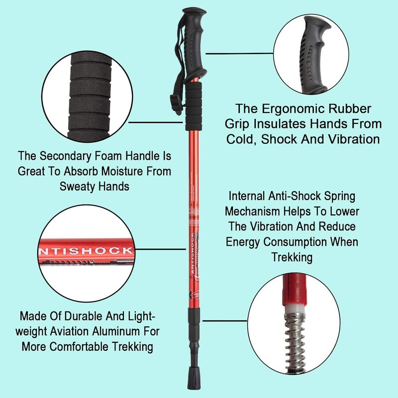 CRAZYABBS Trekking Poles, Collapsible Lightweight Shock-Absorbent Hiking Walking Sticks Adjustable Aluminum Hiking Poles for Women Men Kids (Red) - Image 3