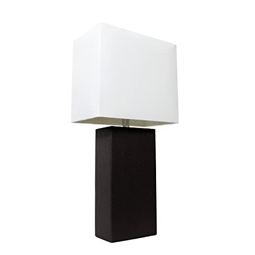 Elegant Designs LT1025-BLK Modern Leather Table Lamp with White Fabric Shade, Black - Image 1
