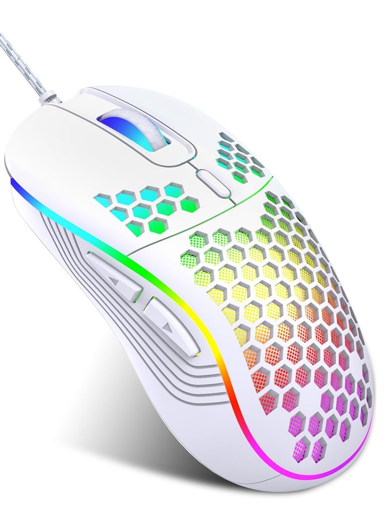 متجر الفرح ماوس ألعاب سلكي بـ 4 نقاط لكل بوصة قابلة للتعديل حتى 7200 RGB بإضاءة خلفية، ماوس كمبيوتر USB خفيف الوزن ومريح مع مستشعر بصري عالي الدقة للكمبيوتر الشخصي Mac والكمبيوتر المحمول باللون الأبيض - Image 1