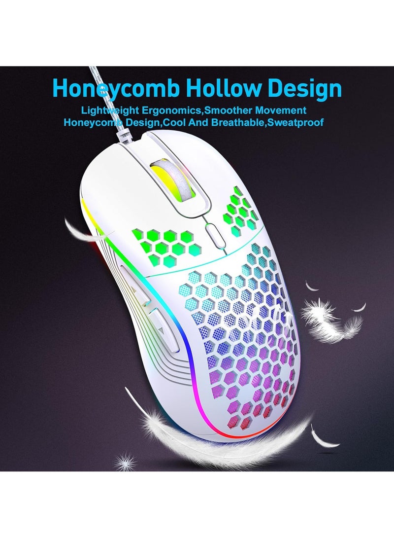 متجر الفرح ماوس ألعاب سلكي بـ 4 نقاط لكل بوصة قابلة للتعديل حتى 7200 RGB بإضاءة خلفية، ماوس كمبيوتر USB خفيف الوزن ومريح مع مستشعر بصري عالي الدقة للكمبيوتر الشخصي Mac والكمبيوتر المحمول باللون الأبيض - Image 2
