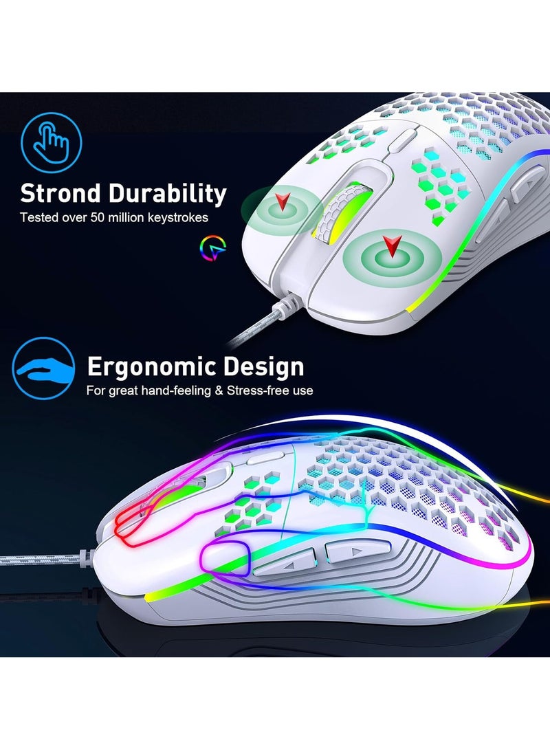 متجر الفرح ماوس ألعاب سلكي بـ 4 نقاط لكل بوصة قابلة للتعديل حتى 7200 RGB بإضاءة خلفية، ماوس كمبيوتر USB خفيف الوزن ومريح مع مستشعر بصري عالي الدقة للكمبيوتر الشخصي Mac والكمبيوتر المحمول باللون الأبيض - Image 3