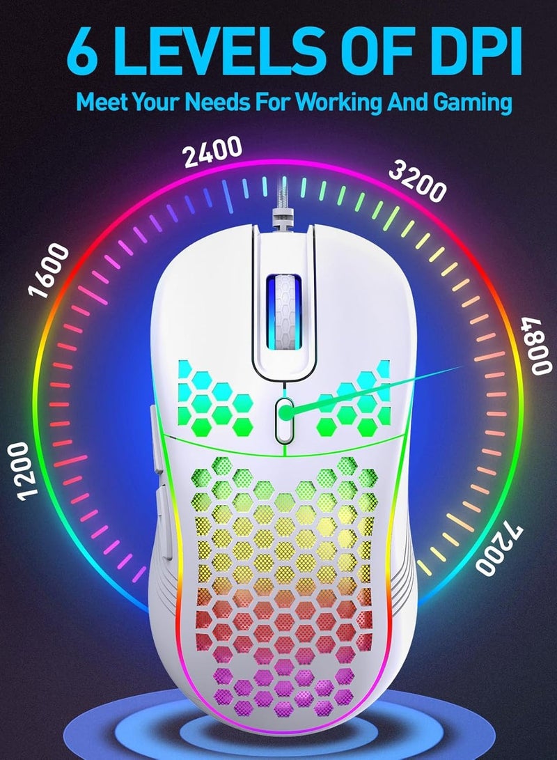 متجر الفرح ماوس ألعاب سلكي بـ 4 نقاط لكل بوصة قابلة للتعديل حتى 7200 RGB بإضاءة خلفية، ماوس كمبيوتر USB خفيف الوزن ومريح مع مستشعر بصري عالي الدقة للكمبيوتر الشخصي Mac والكمبيوتر المحمول باللون الأبيض - Image 4