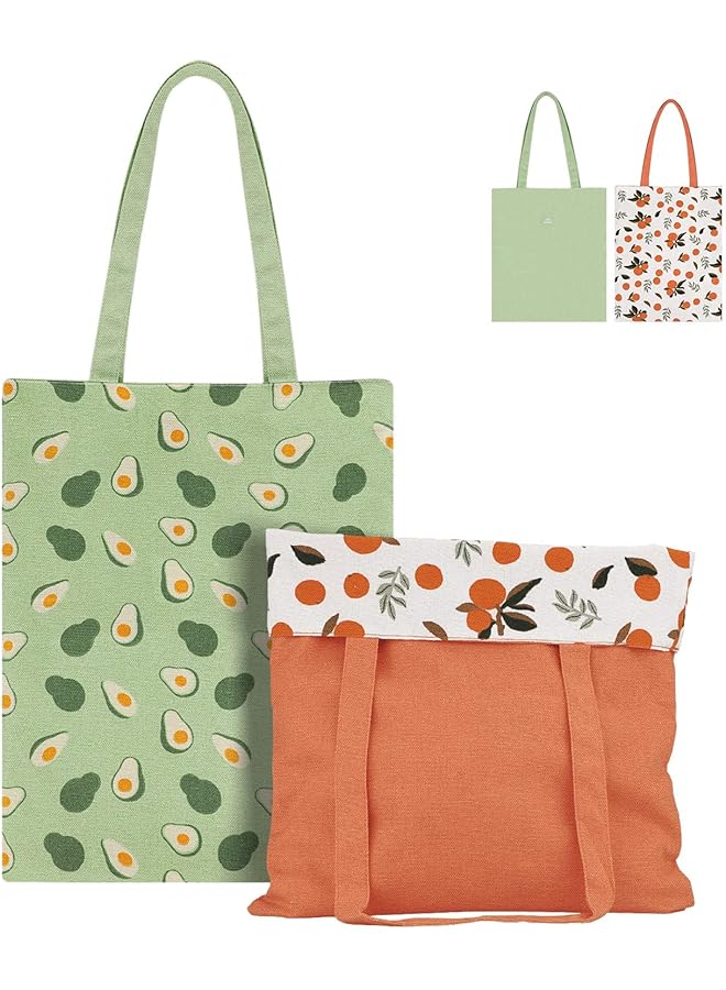 Excefore Bag 2 Pcs Doublesided Tote Bags Reusable Cloth Bags Fruit Print Small Cute Tote Grocery Bags Shopping Bag Makeup Bags For Women Girls Kids (Orange And Green) - Image 1