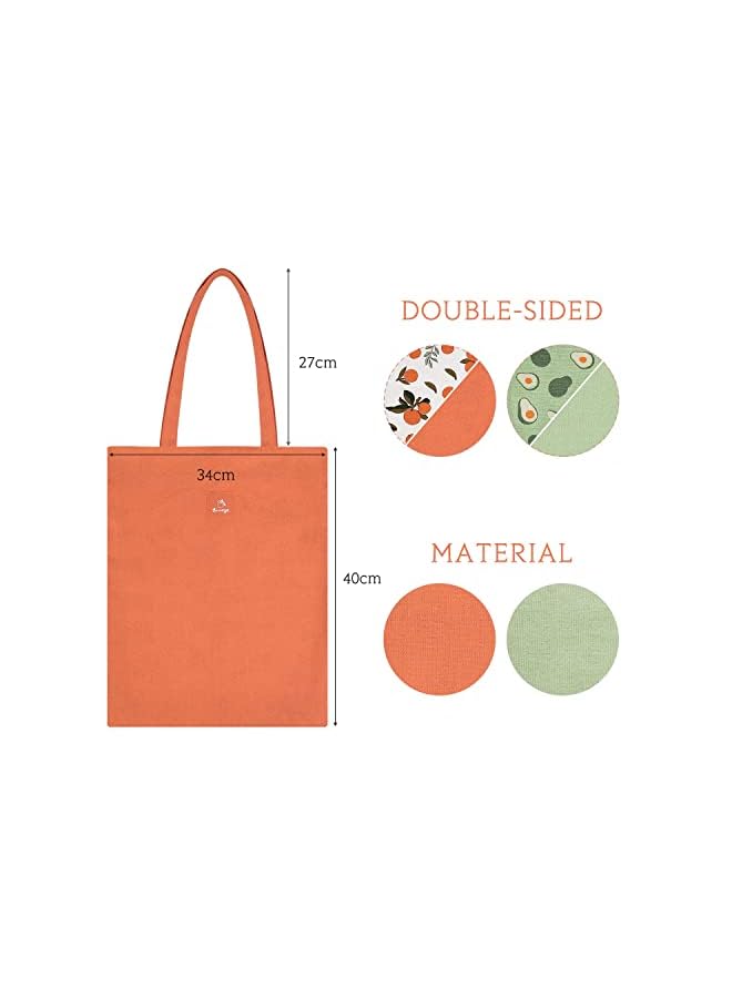 Excefore Bag 2 Pcs Doublesided Tote Bags Reusable Cloth Bags Fruit Print Small Cute Tote Grocery Bags Shopping Bag Makeup Bags For Women Girls Kids (Orange And Green) - Image 4