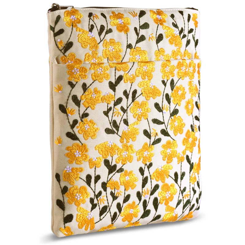 LParkin Embroidered Daisy Flower Book Sleeve with Zipper - Washable Fabric Book Cover Protector for Paperbacks & Hardcover, Gift for Book Lovers (Yellow, 11x8.5 Inch) - Image 1