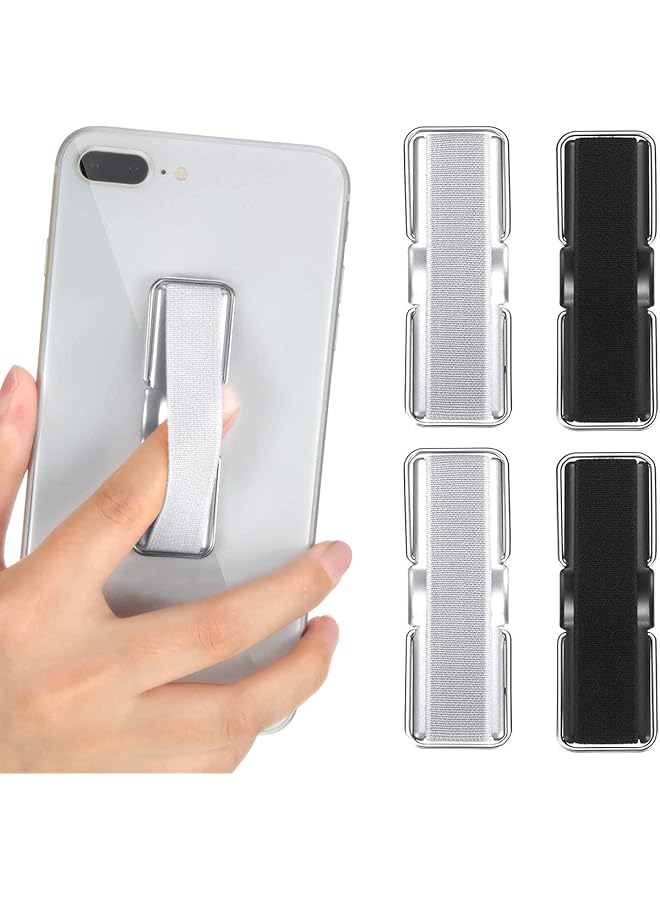S-TOP 4 Pieces Finger Strap Phone Holder Elastic Finger Holder Cell Phone Grip Holder Finger Strap with Stand for Smartphones, Small Tablets (Black, Silver) - Image 1