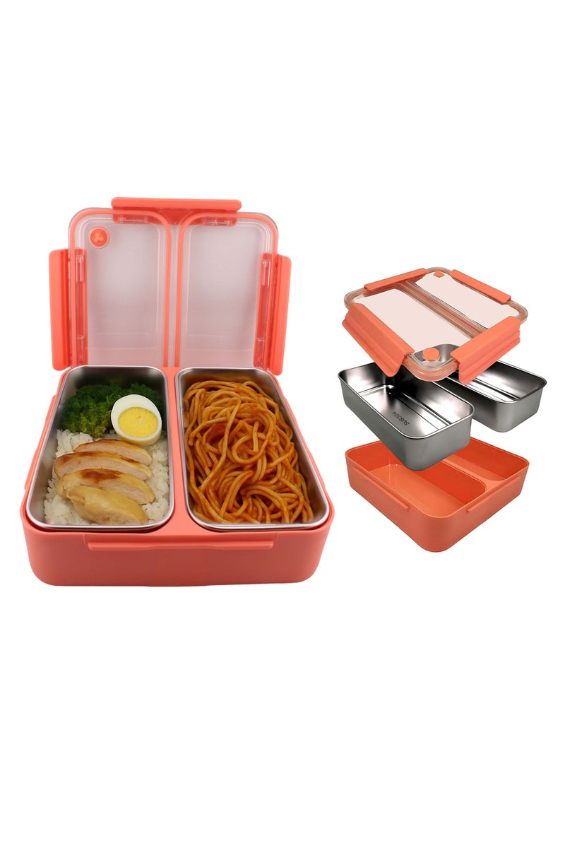 برين جيجلز قهقهات الدماغ صندوق غداء من الفولاذ المقاوم للصدأ مكون من مقصورتين مع صينية داخلية قابلة للإزالة ومضادة للتسرب للأطفال والكبار - حاوية طعام محكمة الغلق متعددة الوظائف - برتقالي - Image 2