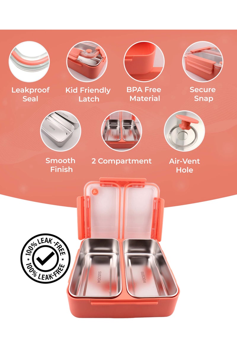 برين جيجلز قهقهات الدماغ صندوق غداء من الفولاذ المقاوم للصدأ مكون من مقصورتين مع صينية داخلية قابلة للإزالة ومضادة للتسرب للأطفال والكبار - حاوية طعام محكمة الغلق متعددة الوظائف - برتقالي - Image 3