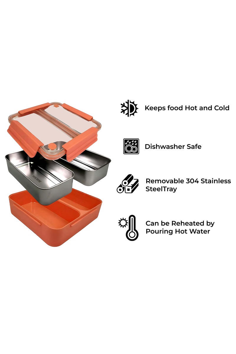 برين جيجلز قهقهات الدماغ صندوق غداء من الفولاذ المقاوم للصدأ مكون من مقصورتين مع صينية داخلية قابلة للإزالة ومضادة للتسرب للأطفال والكبار - حاوية طعام محكمة الغلق متعددة الوظائف - برتقالي - Image 5