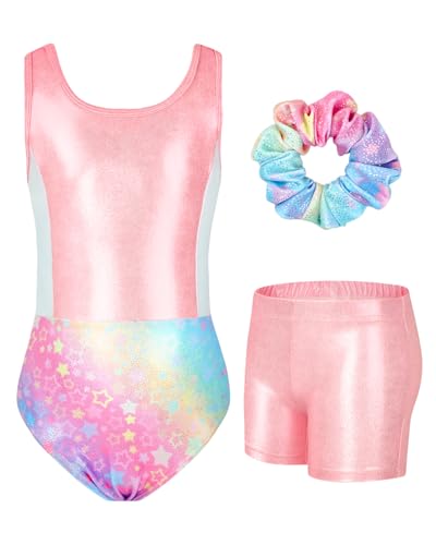 JiAmy Gymnastics Leotards for Girls with Cross Back, Sparkly Dance Unitards with Shorts Biketards Outfit Pink Stars 6-7 years - Image 2