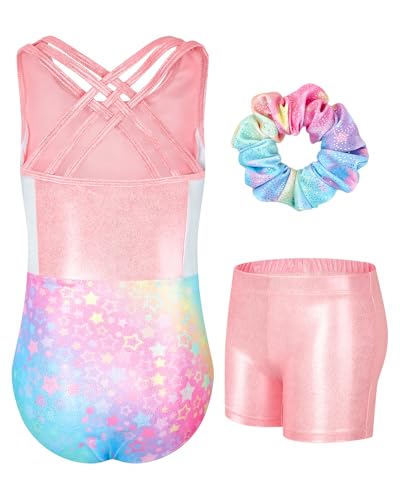 JiAmy Gymnastics Leotards for Girls with Cross Back, Sparkly Dance Unitards with Shorts Biketards Outfit Pink Stars 6-7 years - Image 1