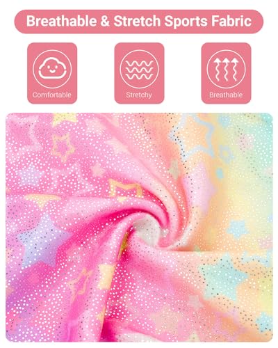 JiAmy Gymnastics Leotards for Girls with Cross Back, Sparkly Dance Unitards with Shorts Biketards Outfit Pink Stars 6-7 years - Image 5