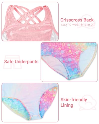 JiAmy Gymnastics Leotards for Girls with Cross Back, Sparkly Dance Unitards with Shorts Biketards Outfit Pink Stars 6-7 years - Image 4