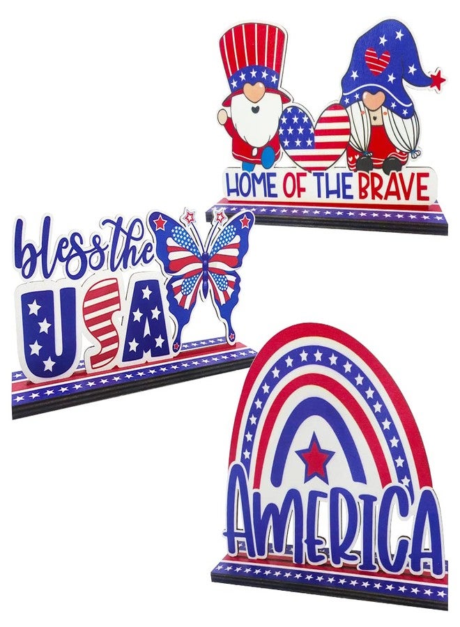 Threetols 3 piece 4 of July Table Decoration, Patriotic Gnome Table Centerpiece Sign Wooden Independence Day Table Signs Bless the USA for Patriotic Party Dinner Coffee Table Topper House School Classroom - Image 2