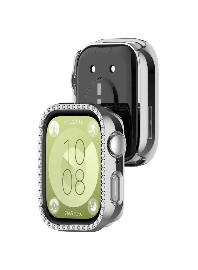 PC Diamond Protective Case Shell Smart Watch Diamond Bumper Accessories Anti-Scratch Screen Protector for Huawei Watch Fit 3 (Silver) - Image 2