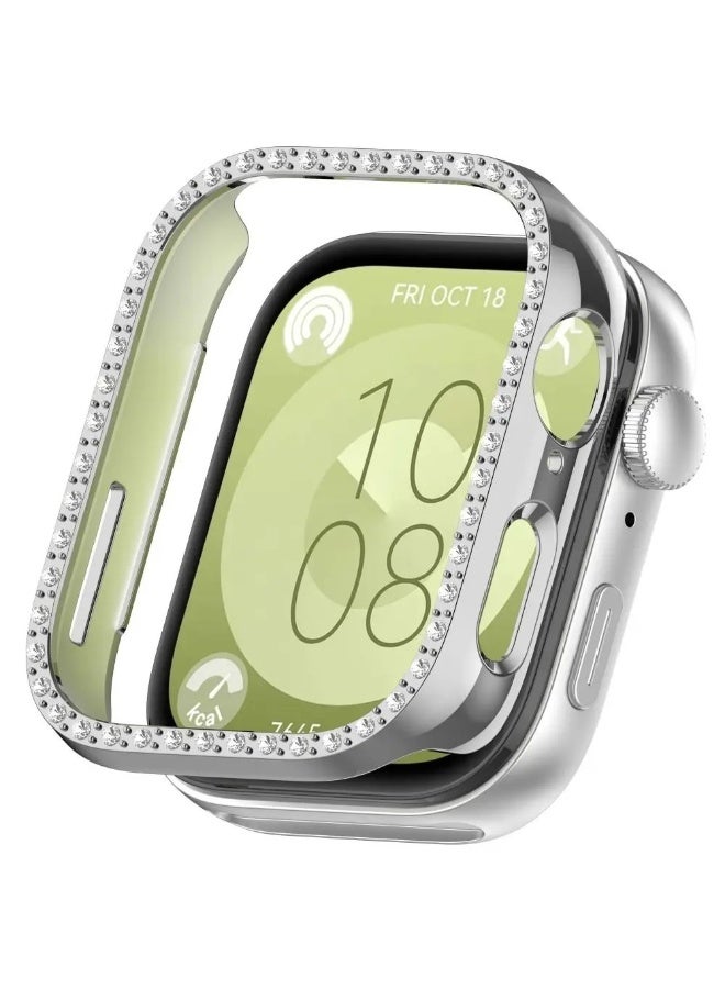 PC Diamond Protective Case Shell Smart Watch Diamond Bumper Accessories Anti-Scratch Screen Protector for Huawei Watch Fit 3 (Silver) - Image 1
