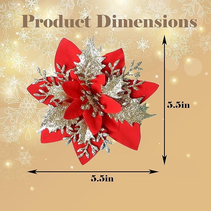 Evisha 5 Golden Flowers for Christmas Tree Decoration Poinsettia Flower Artificial Poinsettia Christmas Glitter Poinsettia Christmas Ornaments Christmas Tree Flowers Xmas Wreath Holiday Party Decor - Image 3