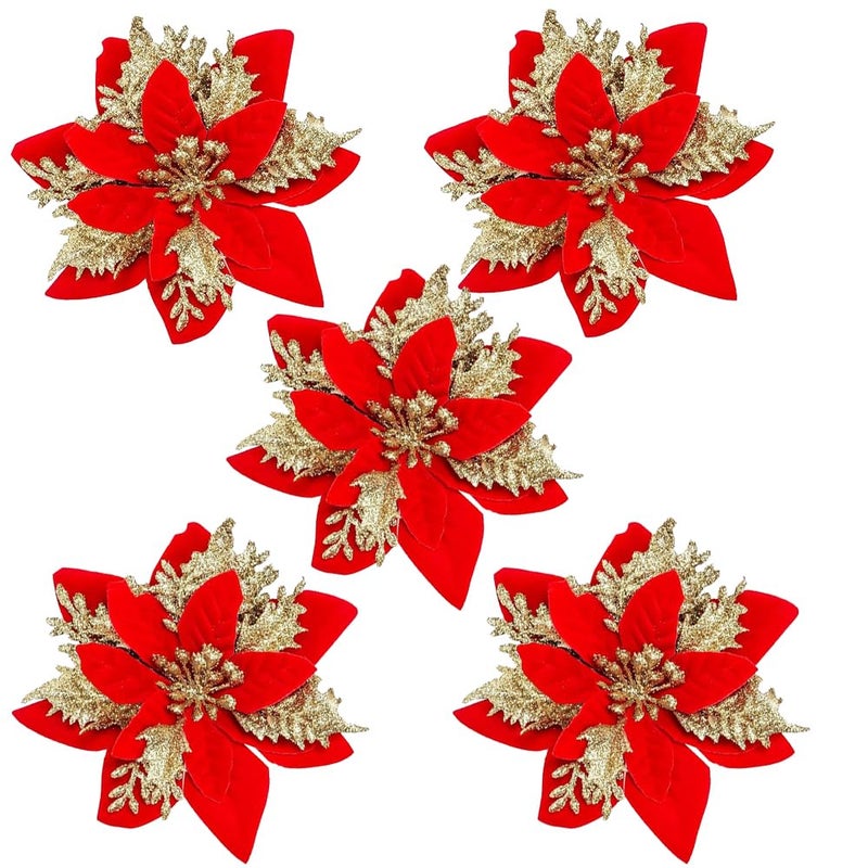 Evisha 5 Golden Flowers for Christmas Tree Decoration Poinsettia Flower Artificial Poinsettia Christmas Glitter Poinsettia Christmas Ornaments Christmas Tree Flowers Xmas Wreath Holiday Party Decor - Image 1