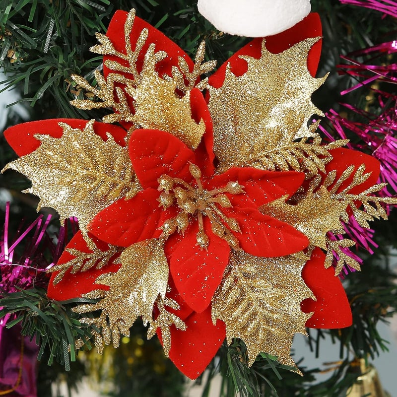 Evisha 5 Golden Flowers for Christmas Tree Decoration Poinsettia Flower Artificial Poinsettia Christmas Glitter Poinsettia Christmas Ornaments Christmas Tree Flowers Xmas Wreath Holiday Party Decor - Image 2
