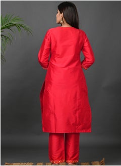 Riara Riara Embroidery Women Kurta Set With Dupatta Red Round Neck 2XL  - Image 5