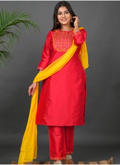 Riara Riara Embroidery Women Kurta Set With Dupatta Red Round Neck 2XL  - Image 2