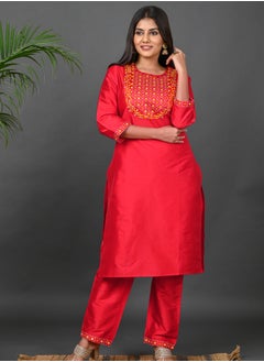 Riara Riara Embroidery Women Kurta Set With Dupatta Red Round Neck 2XL  - Image 4