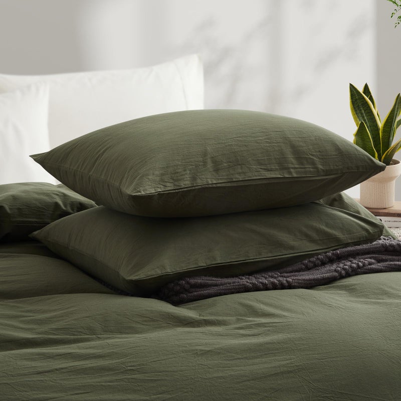 LOVQUE Olive Green Cotton Duvet Cover Queen Size, Linen Like Natural Bedding Set with Zipper Closure (No Comforter), 90x90 Inches - Image 3