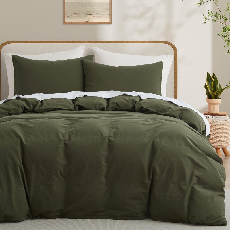 LOVQUE Olive Green Cotton Duvet Cover Queen Size, Linen Like Natural Bedding Set with Zipper Closure (No Comforter), 90x90 Inches - Image 1