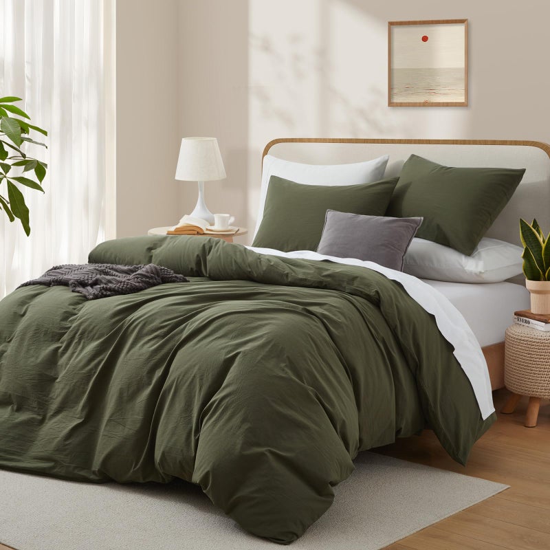 LOVQUE Olive Green Cotton Duvet Cover Queen Size, Linen Like Natural Bedding Set with Zipper Closure (No Comforter), 90x90 Inches - Image 2
