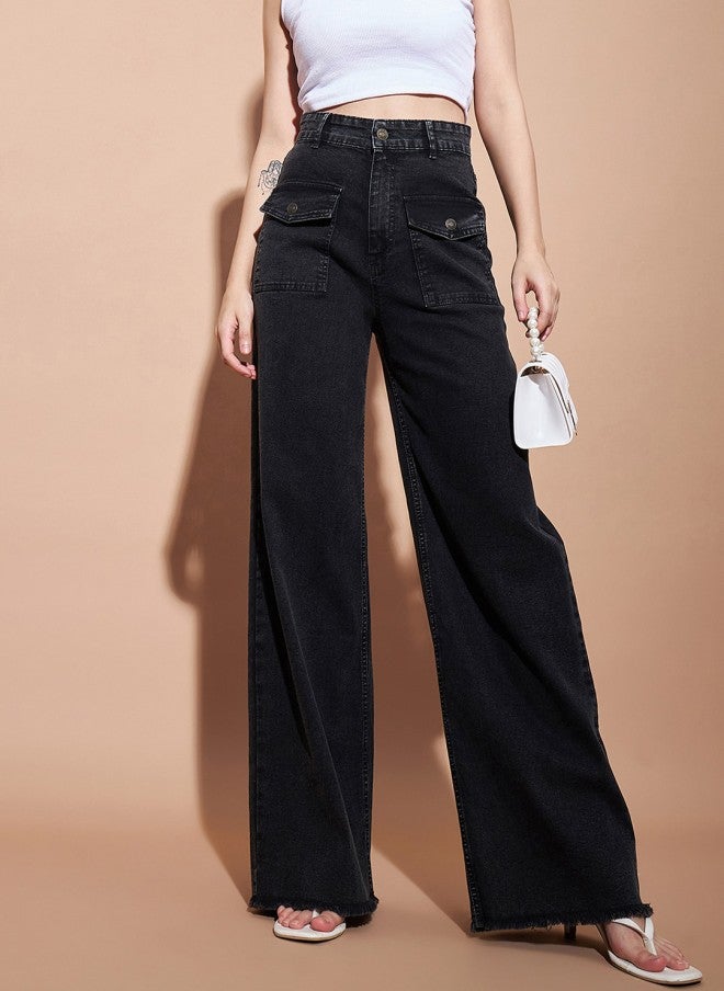 SASSAFRAS High-Rise Straight Fit Black Jeans for Women - Image 1