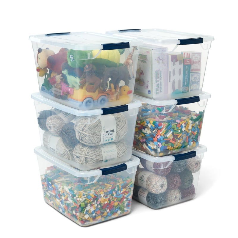 Rubbermaid روبرميد كليفرستور كلير 32 كيوتي، 6 عبوة صناديق تخزين بلاستيكية قابلة للتكديس مع أغطية، رائعة لتخزين الخزانة والغسيل، تنظيم في المنزل - Image 1