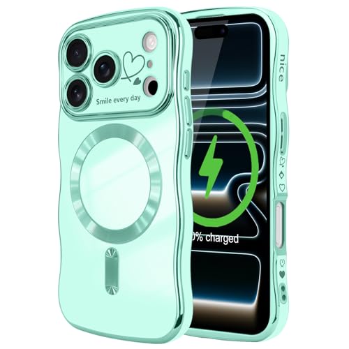 LCHULLE for iPhone 17 Pro Max Case for Women Girls [Compatible with MagSafe] Cute Curly Wave Shape, Magnetic Love Heart Pattern with Camera Lens Cover Luxury Plating Shockproof Phone Case, Mint Green - Image 1
