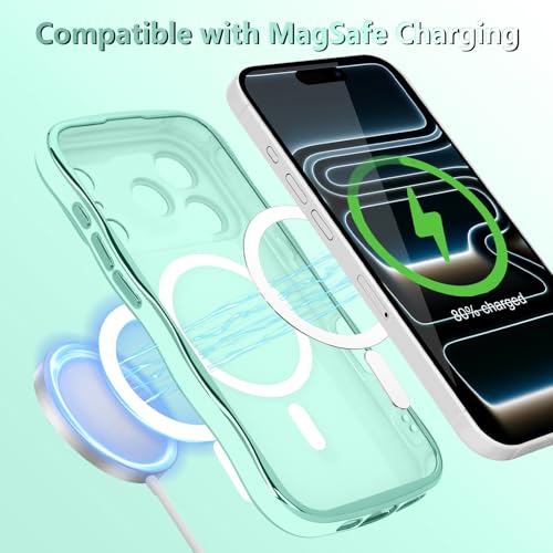 LCHULLE for iPhone 17 Pro Max Case for Women Girls [Compatible with MagSafe] Cute Curly Wave Shape, Magnetic Love Heart Pattern with Camera Lens Cover Luxury Plating Shockproof Phone Case, Mint Green - Image 4