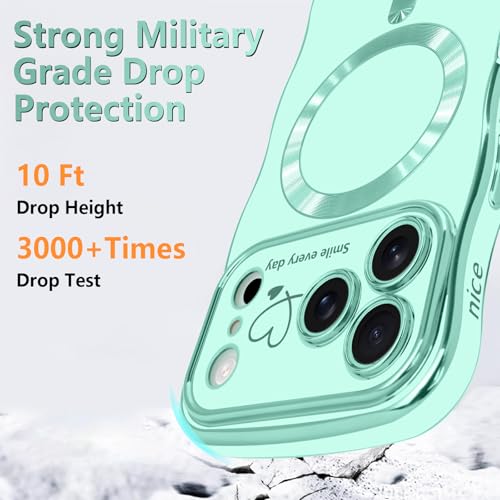LCHULLE for iPhone 17 Pro Max Case for Women Girls [Compatible with MagSafe] Cute Curly Wave Shape, Magnetic Love Heart Pattern with Camera Lens Cover Luxury Plating Shockproof Phone Case, Mint Green - Image 3