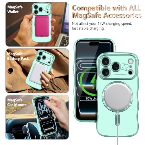 LCHULLE for iPhone 17 Pro Max Case for Women Girls [Compatible with MagSafe] Cute Curly Wave Shape, Magnetic Love Heart Pattern with Camera Lens Cover Luxury Plating Shockproof Phone Case, Mint Green - Image 5