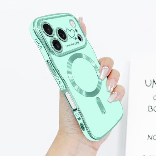 LCHULLE for iPhone 17 Pro Max Case for Women Girls [Compatible with MagSafe] Cute Curly Wave Shape, Magnetic Love Heart Pattern with Camera Lens Cover Luxury Plating Shockproof Phone Case, Mint Green - Image 2