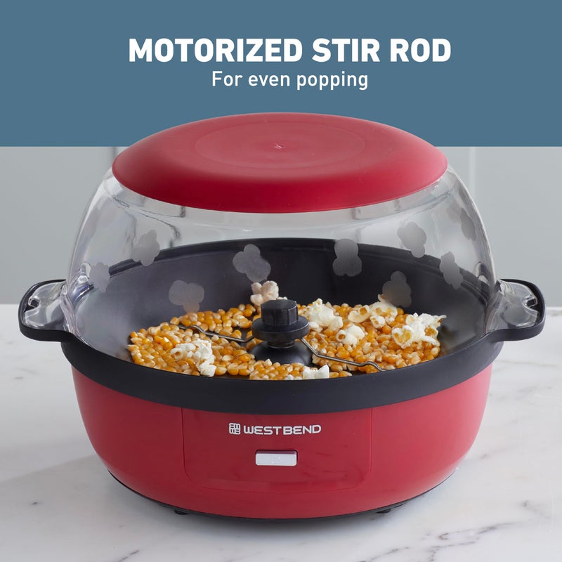 West Bend Stir Crazy Hot Oil Popcorn Popper, Popcorn Maker Machine with Large Serving Bowl Lid and Stirring Rod, 6-Qt., Red - Image 4