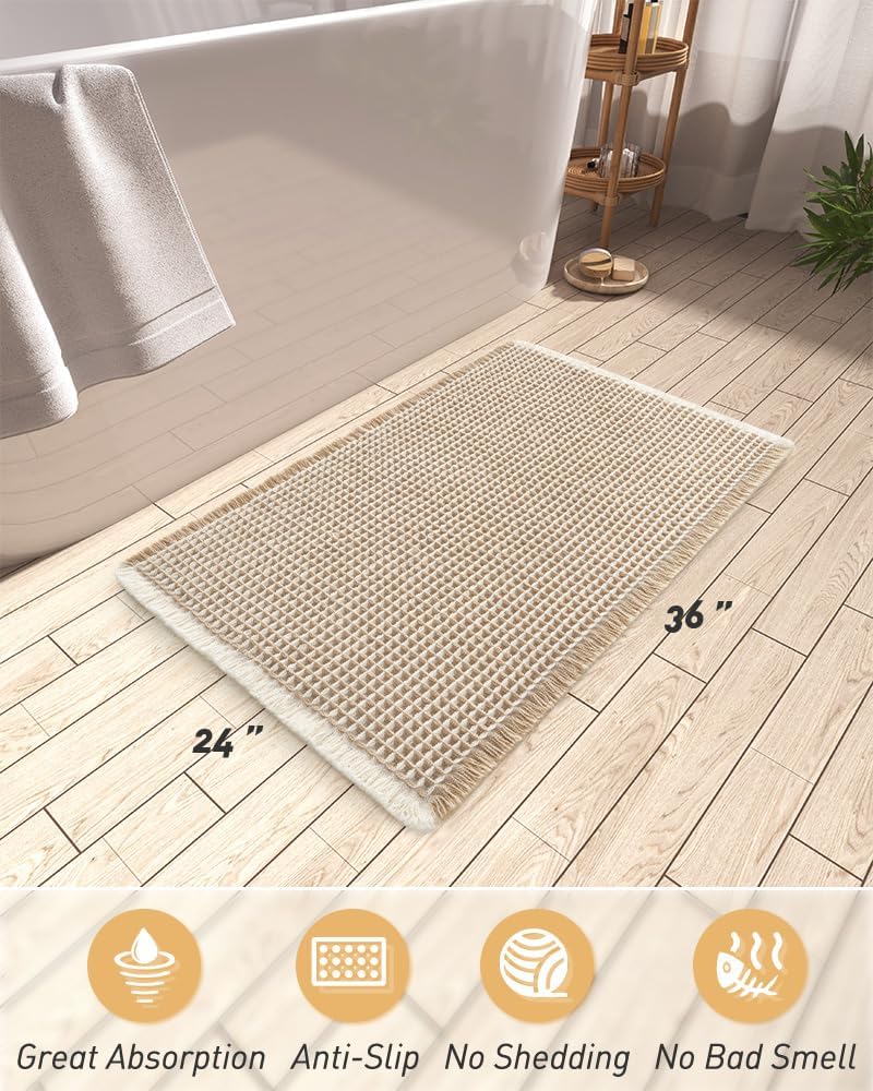 AMOAMI Upgraded Waffle Bath Mat, Super Absorbent Non Slip Bath Mats for Bathroom Floor, Machine Washable Bathroom Rugs with Tassels, Rubber Backed Bathroom Mats, Ultra Soft, 24" x 36",Brown & Cream - Image 2
