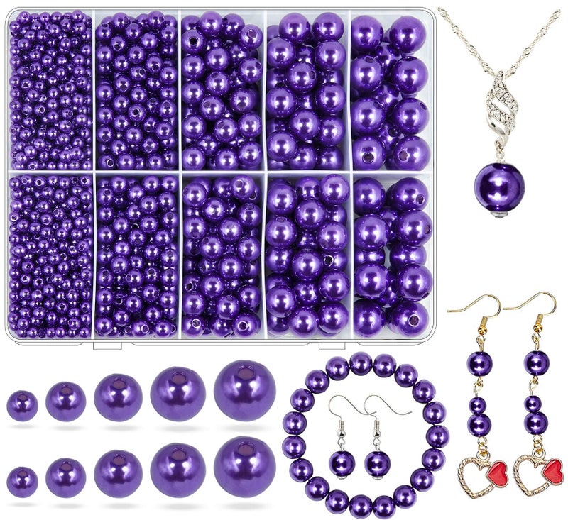Dark Purple Pearl Beads for Jewelry Making 1750pcs Purple Pearl Craft Bead with Hole 4mm 6mm 8mm 10mm 12mm Loose Spacer Bead for Necklace Bracelet Earrings Choker Wedding Dress DecorDark Purple