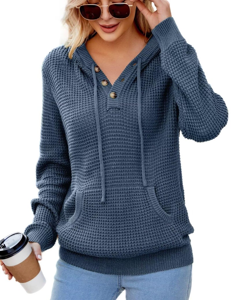 CiCiBird Women Fall Hoodies Sweater Knit V Neck Tops Oversized Fashion Pullover Casual Long Sleeve Shirts with Pockets Denimblue L - Image 1