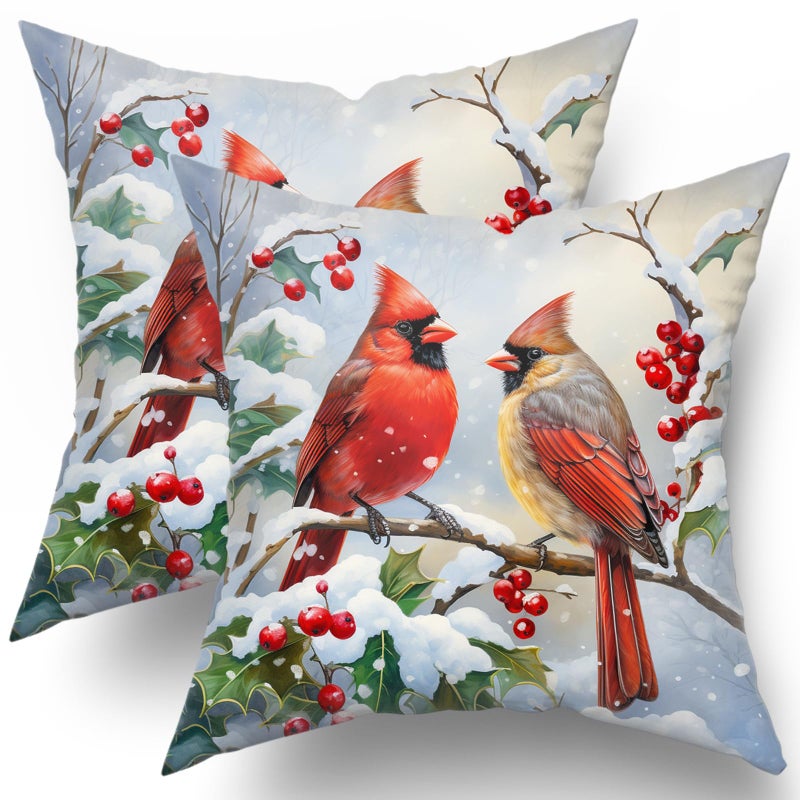 Granbey Winter Red Bird Throw Pillow Cover Set of 2 18x18 Inch Christmas Winter Pillowcase Nature Birds Scene Cushion Covers Farmhouse Pillow Protector for Home Bedroom Sofa - Image 1